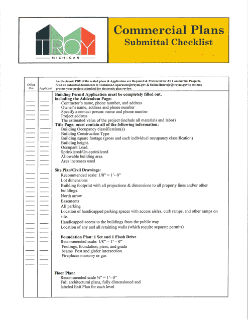 Commercial Plans Submittal Checklist - City of Troy, Michigan Download Pdf