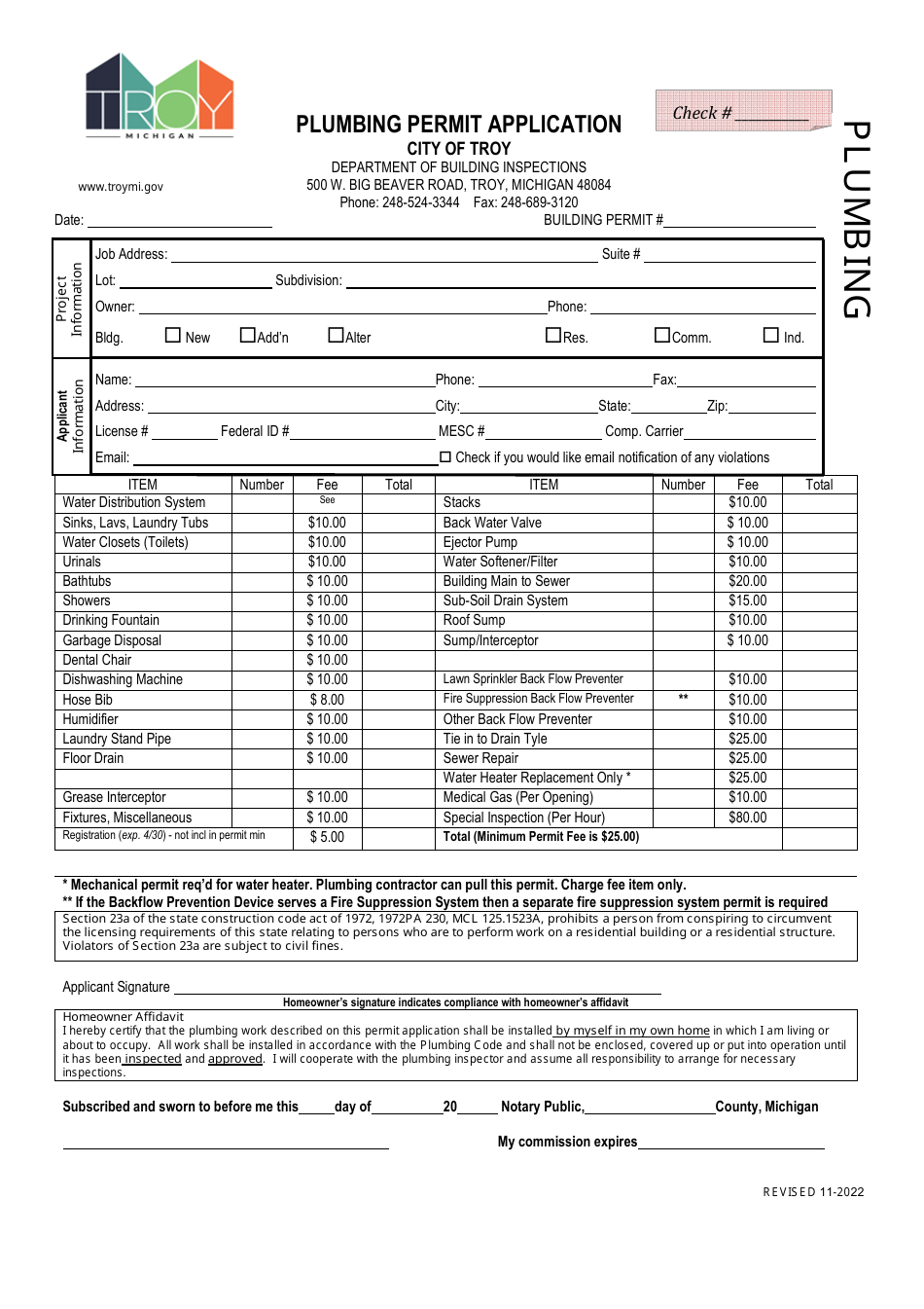 Plumbing Permit Application - City of Troy, Michigan, Page 1