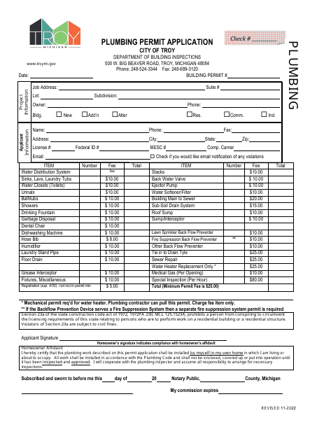 Plumbing Permit Application - City of Troy, Michigan Download Pdf