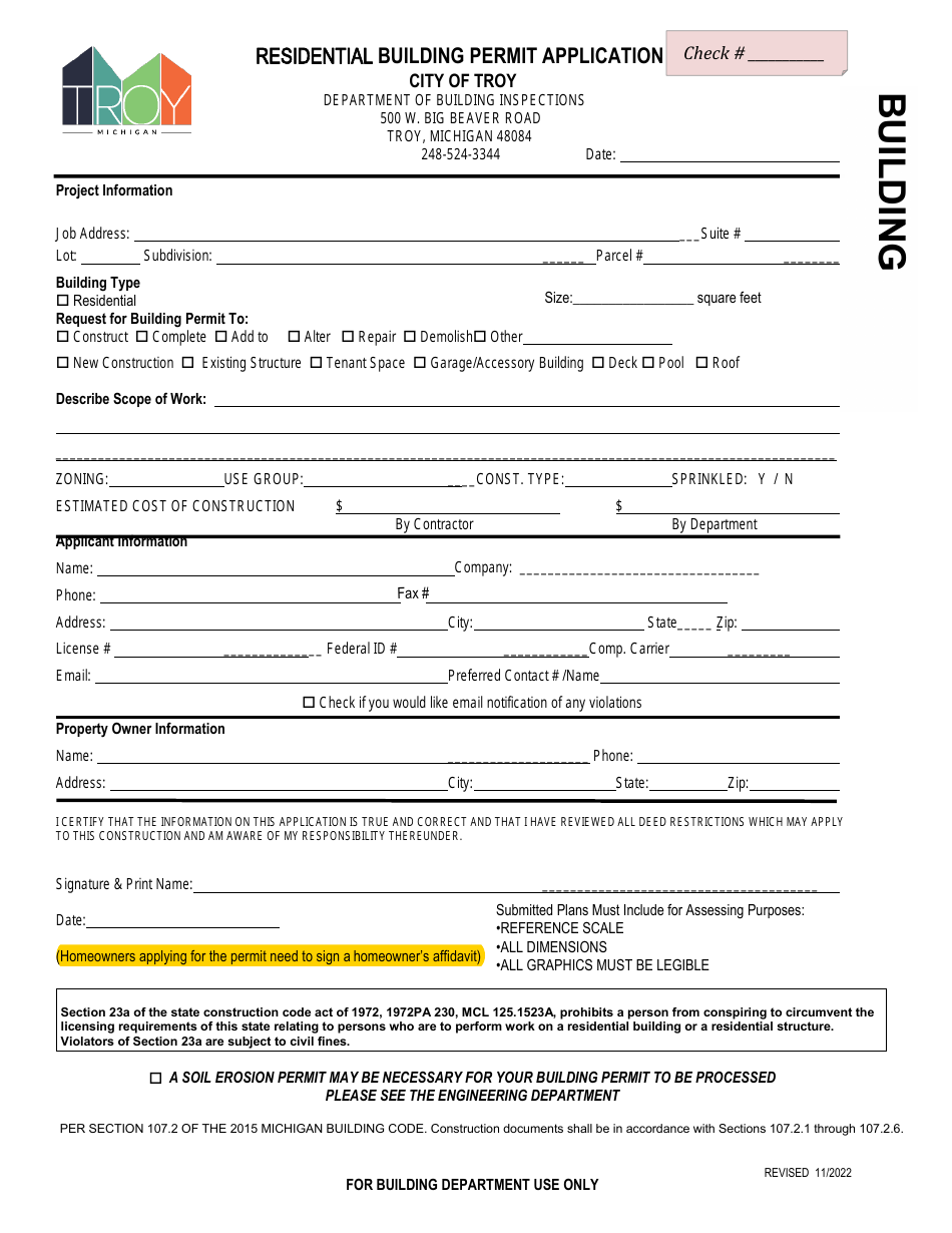 Residential Building Permit Application - City of Troy, Michigan, Page 1