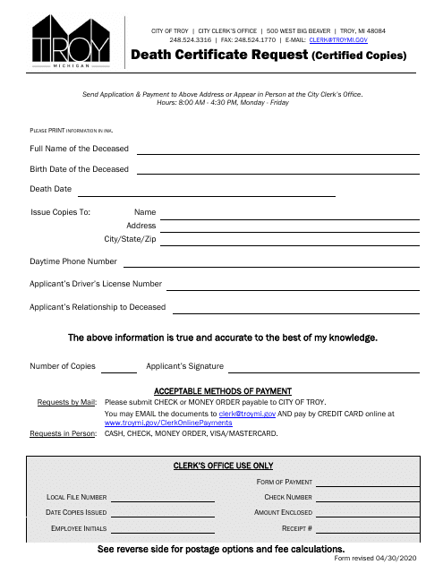 Death Certificate Request (Certified Copies) - City of Troy, Michigan Download Pdf