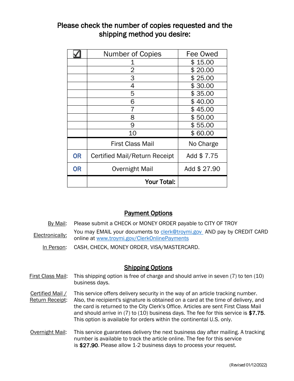 Death Certificate Request (Certified Copies) - City of Troy, Michigan, Page 2