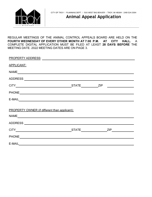 Animal Appeal Application - City of Troy, Michigan Download Pdf