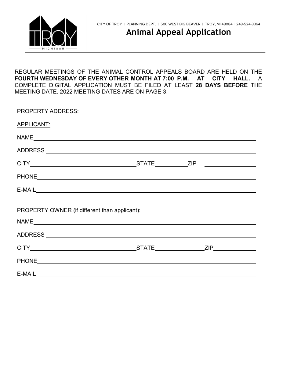 Animal Appeal Application - City of Troy, Michigan, Page 1
