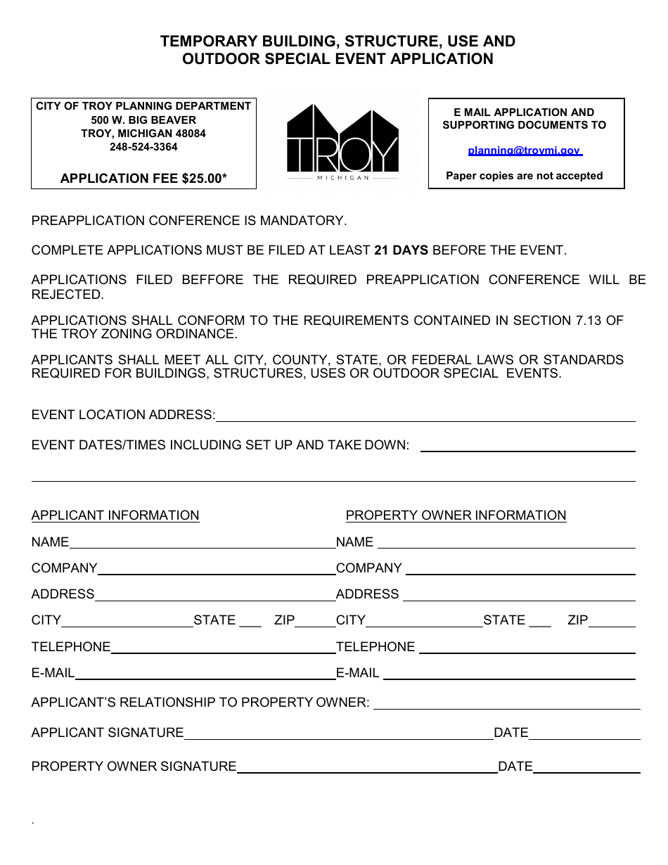 Temporary Building, Structure, Use and Outdoor Special Event Application - City of Troy, Michigan, Page 1