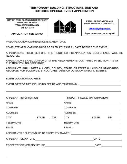 Temporary Building, Structure, Use and Outdoor Special Event Application - City of Troy, Michigan Download Pdf