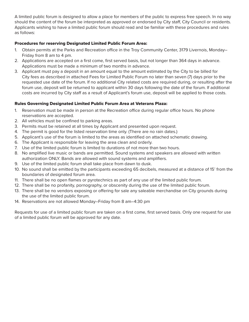 Designated Limited Public Forum at Veterans Plaza Application - City of Troy, Michigan, Page 2