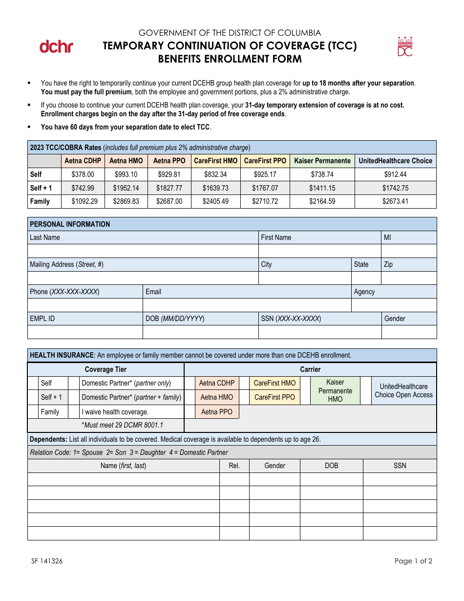 Form SF141326 Temporary Continuation of Coverage (Tcc) Benefits Enrollment Form - Washington, D.C., Page 1