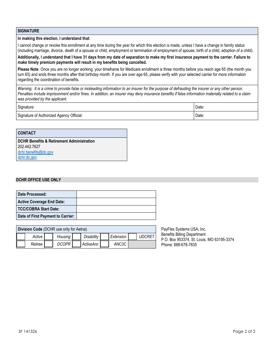 Form SF141326 Temporary Continuation of Coverage (Tcc) Benefits Enrollment Form - Washington, D.C., Page 2
