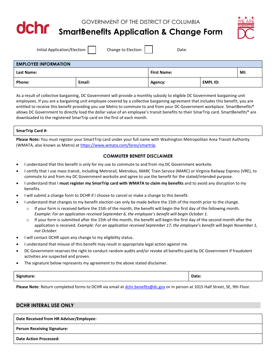 Smartbenefits Application  Change Form - Washington, D.C., Page 1