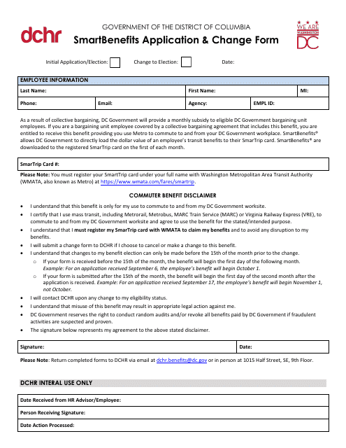 Smartbenefits Application &amp; Change Form - Washington, D.C.