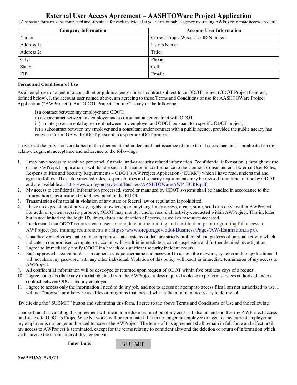 Form AWP EUAA External User Access Agreement - Aashtoware Project Application - Oregon, Page 1