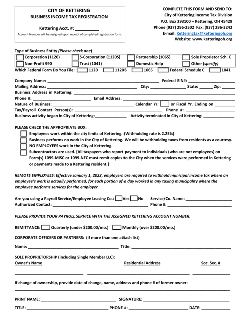 Business Income Tax Registration - City of Kettering, Ohio