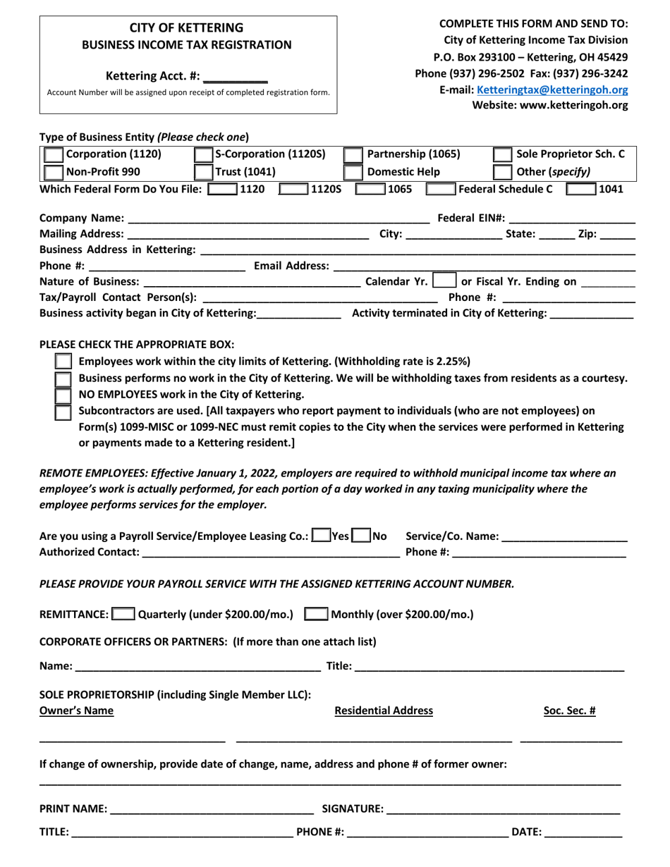 Business Income Tax Registration - City of Kettering, Ohio, Page 1