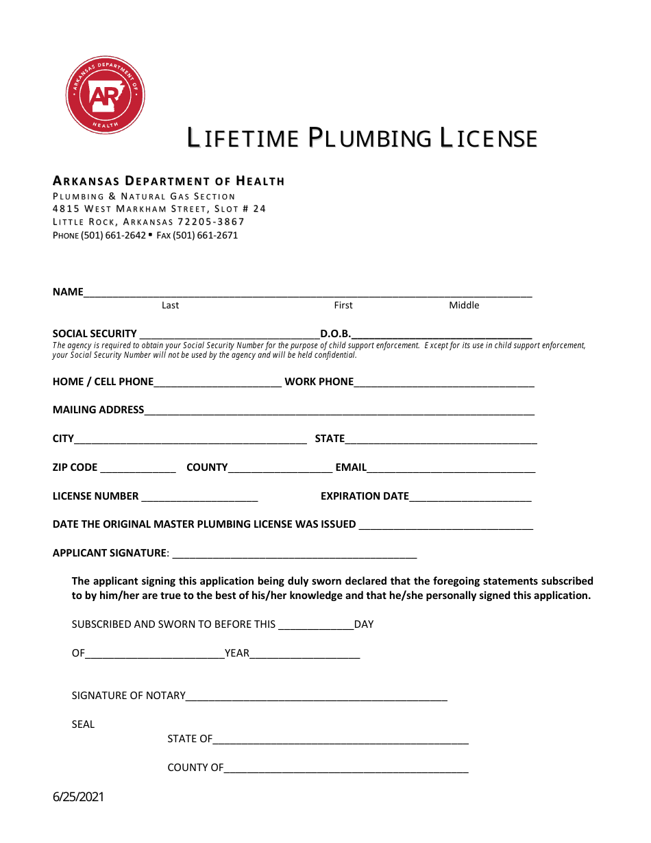 Application for Lifetime Plumber - Arkansas, Page 1