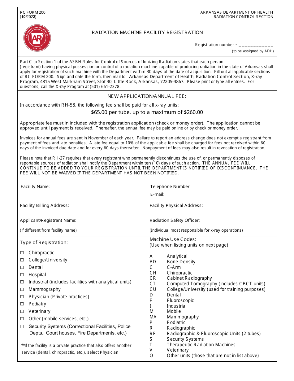 RC Form 200 Radiation Machine Facility Registration - Arkansas, Page 1