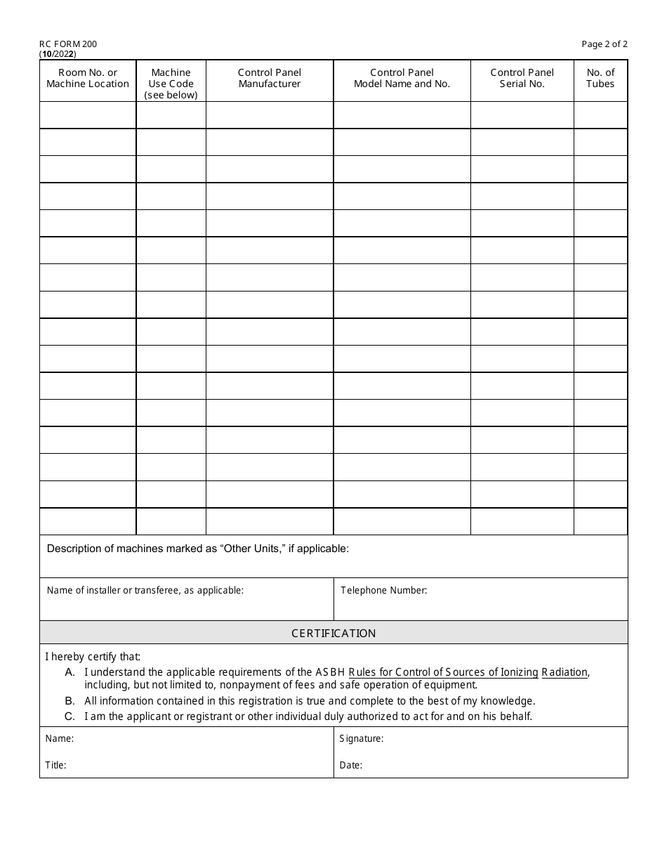 RC Form 200 Radiation Machine Facility Registration - Arkansas, Page 2