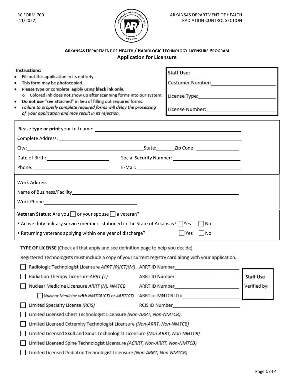 RC Form 700 Application for Licensure - Radiologic Technology Licensure Program - Arkansas, Page 1