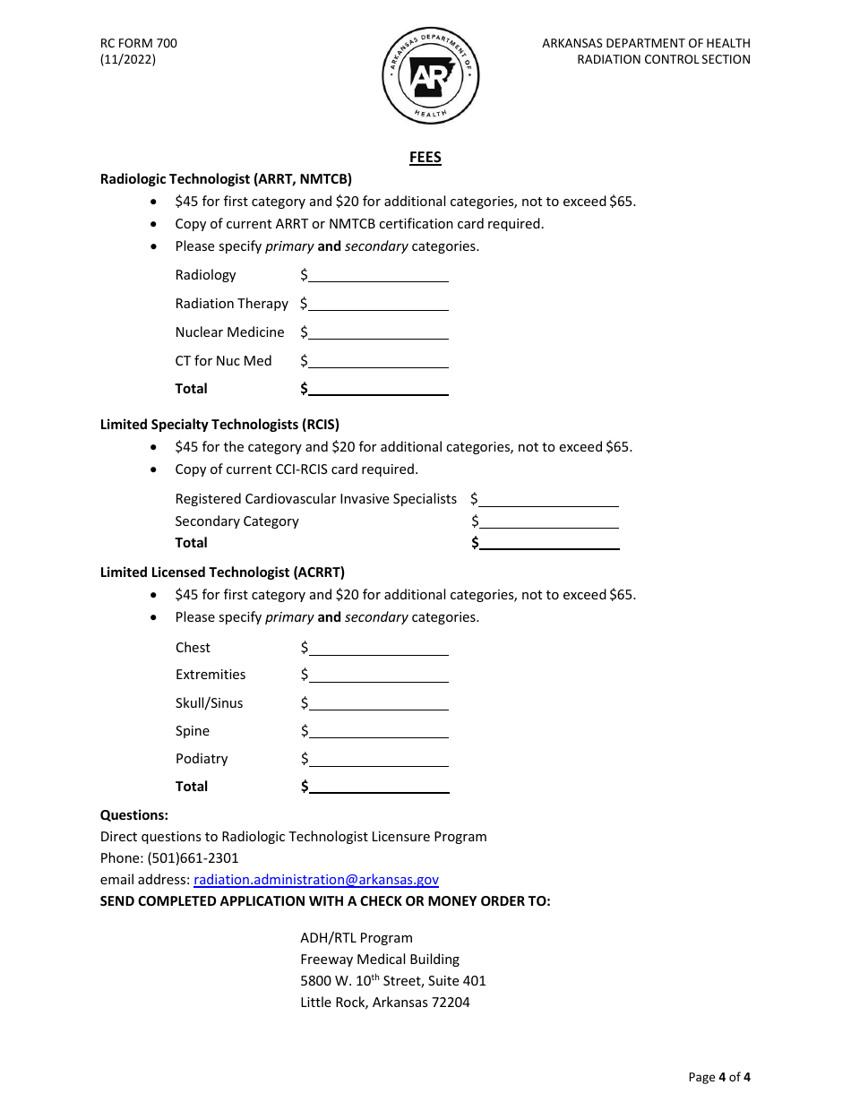 RC Form 700 Application for Licensure - Radiologic Technology Licensure Program - Arkansas, Page 4