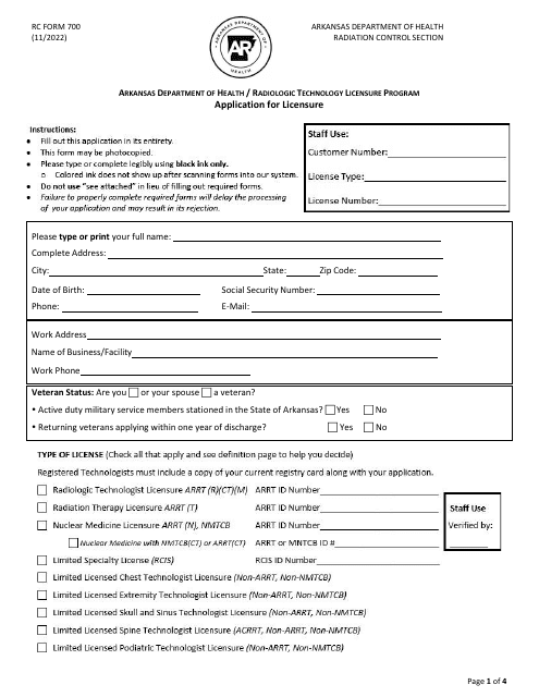 RC Form 700 Application for Licensure - Radiologic Technology Licensure Program - Arkansas