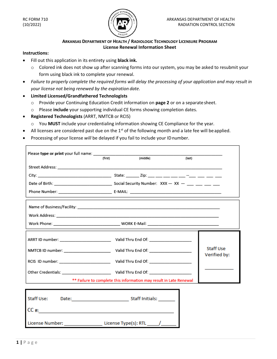 RC Form 710 License Renewal Information Sheet - Radiologic Technology Licensure Program - Arkansas, Page 1