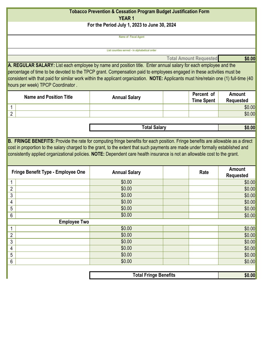 Tobacco Prevention  Cessation Program Budget Justification Form - Arkansas, Page 1