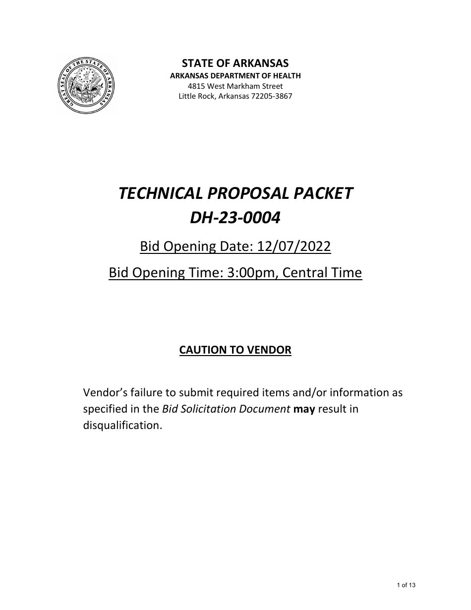 Form DH-23-0004 Technical Proposal Packet - Arkansas, Page 1