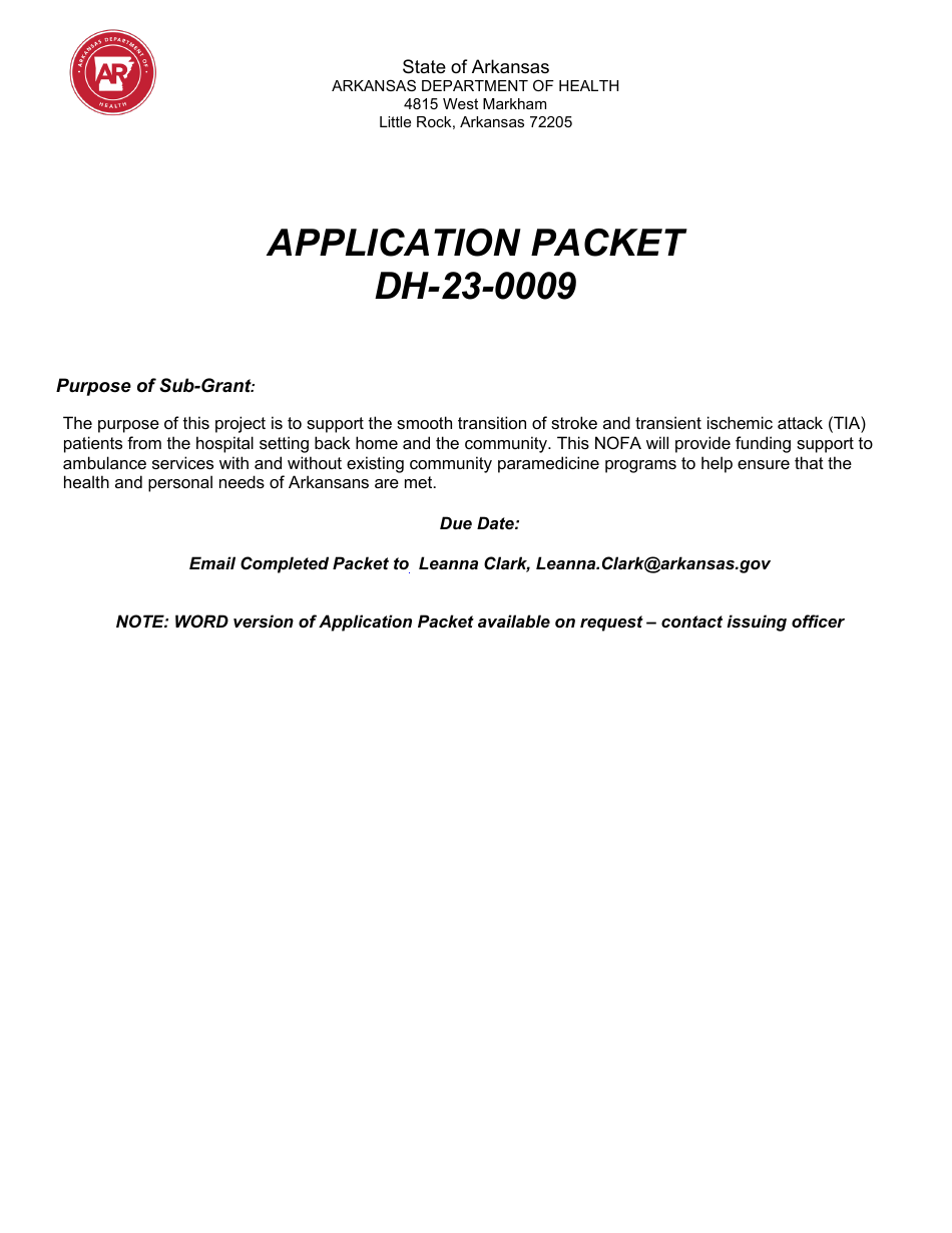 Form DH-23-0009 Application Packet - Arkansas, Page 1