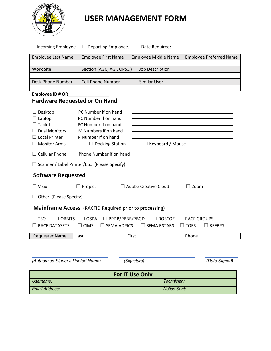User Management Form - Oregon, Page 1