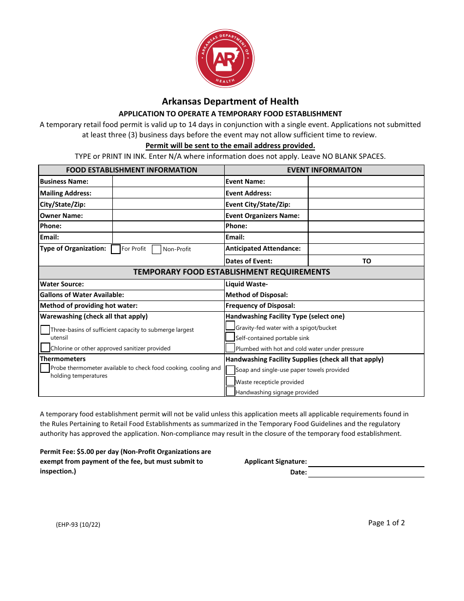 Form EHP-93 Application to Operate a Temporary Food Establishment - Arkansas, Page 1