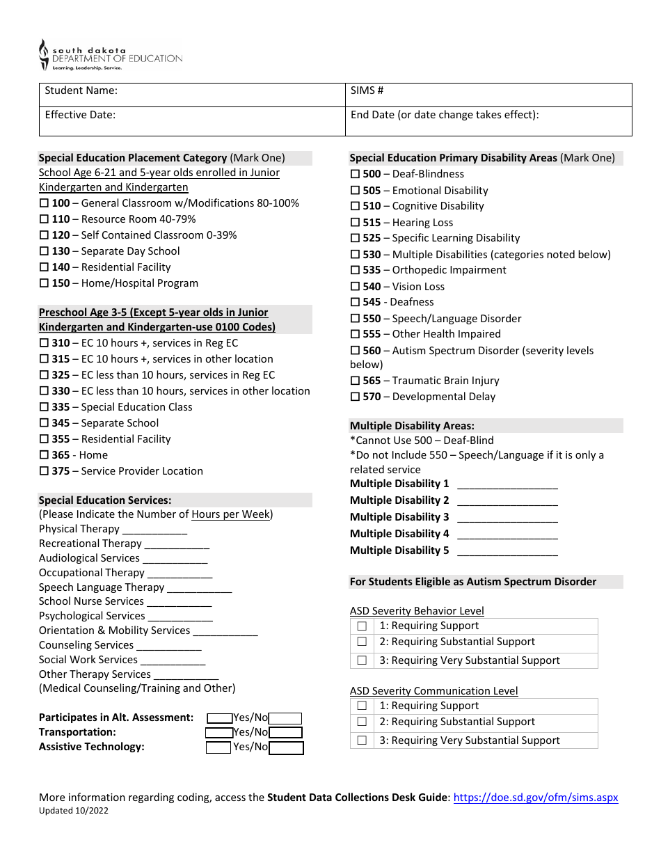 Special Education Data Reporting Sheets - South Dakota, Page 1