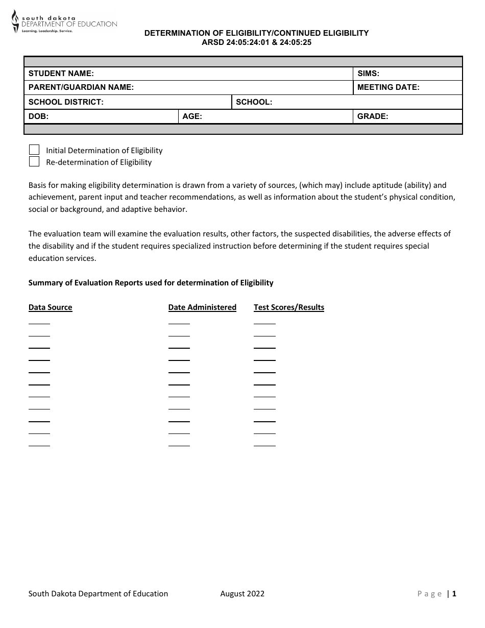 Main Determination of Eligibility - South Dakota, Page 1