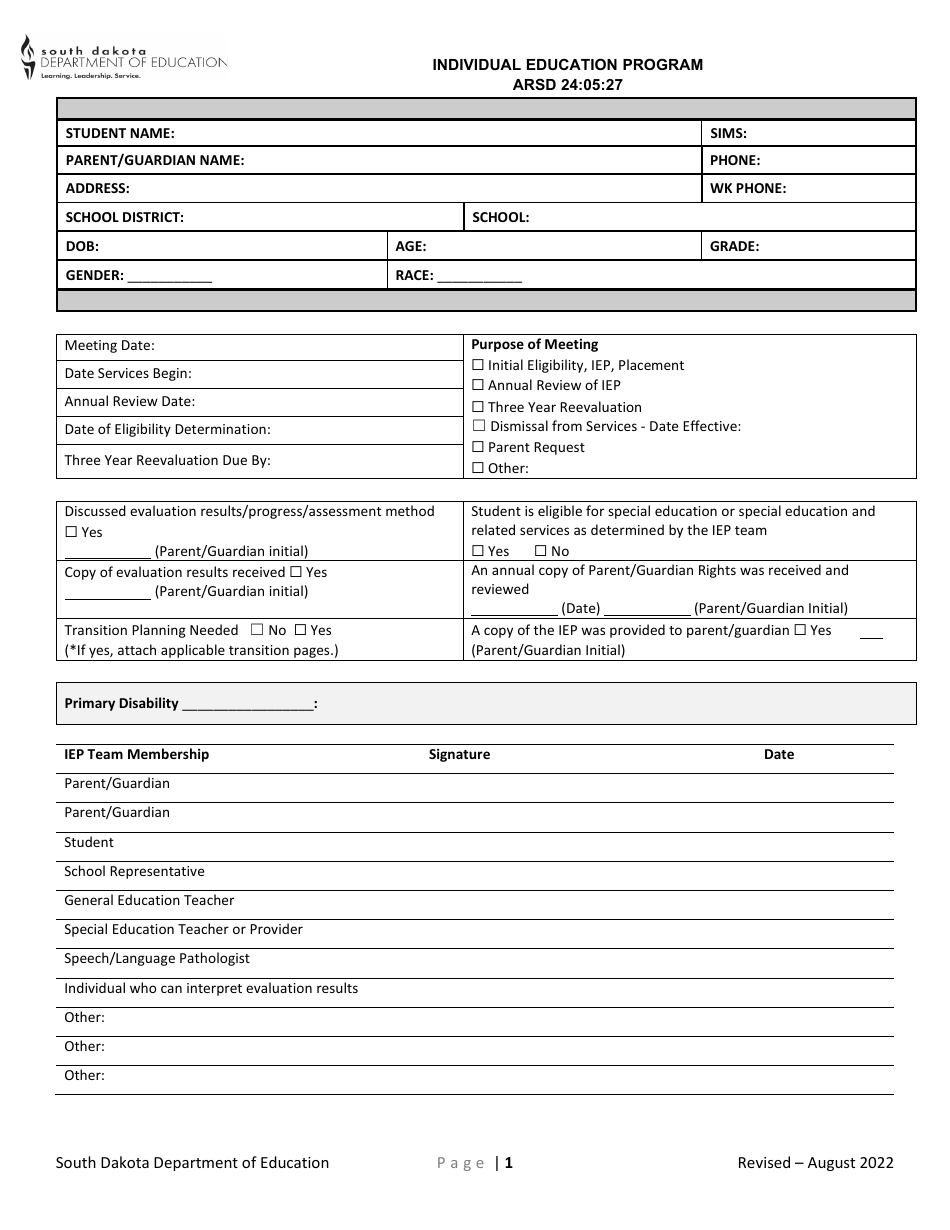 South Dakota Induvial Education Plan for Transition - Fill Out, Sign ...