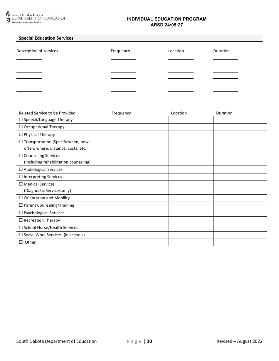 Induvial Education Plan for Transition - South Dakota, Page 10