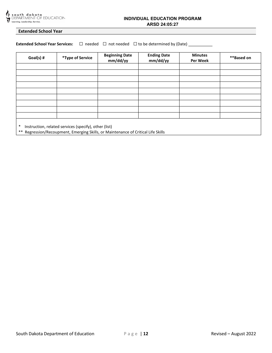 Induvial Education Plan for Transition - South Dakota, Page 12