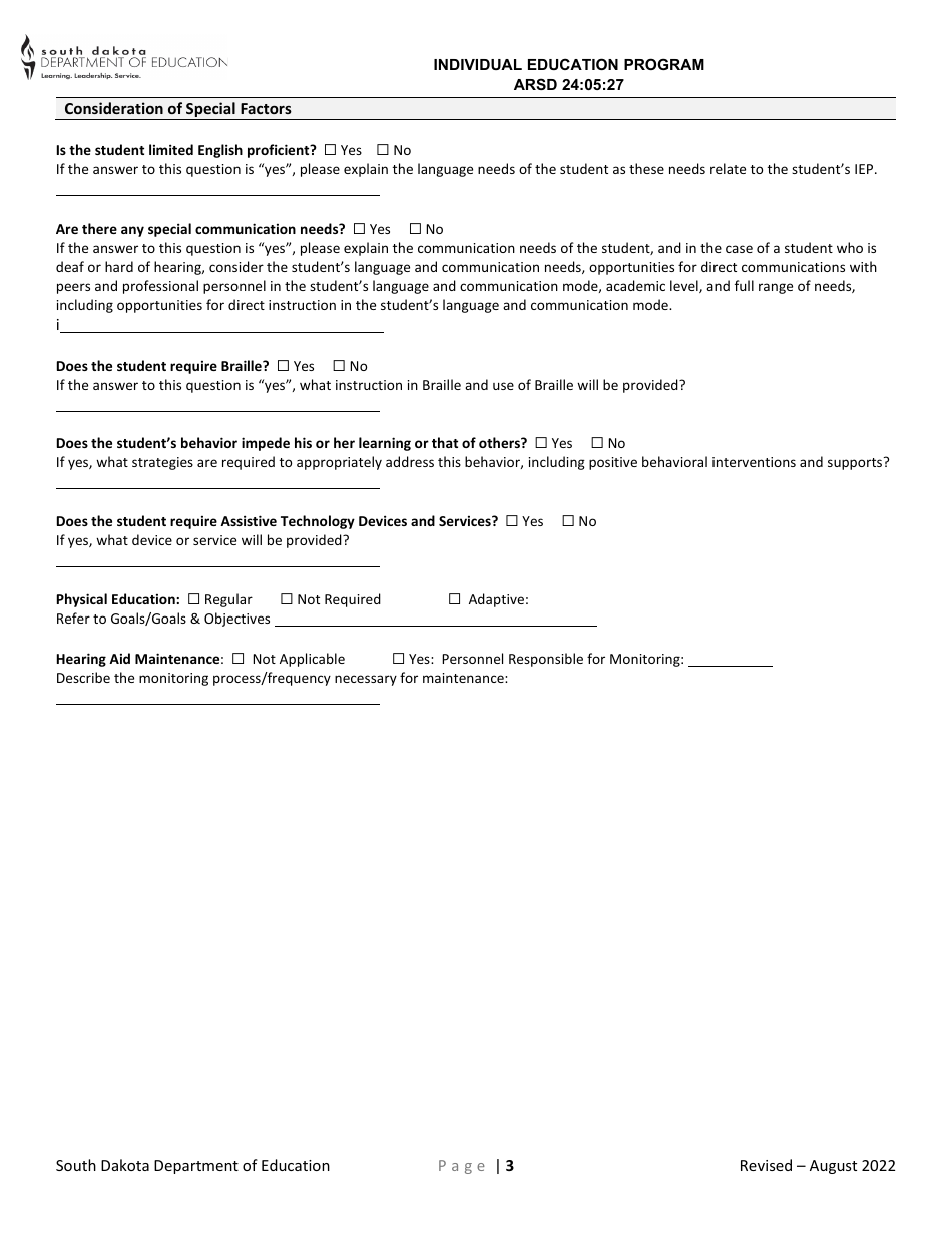 Induvial Education Plan for Transition - South Dakota, Page 3