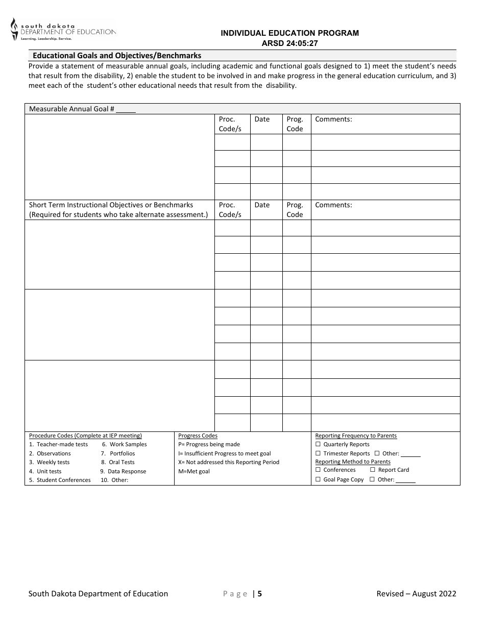 Induvial Education Plan for Transition - South Dakota, Page 5