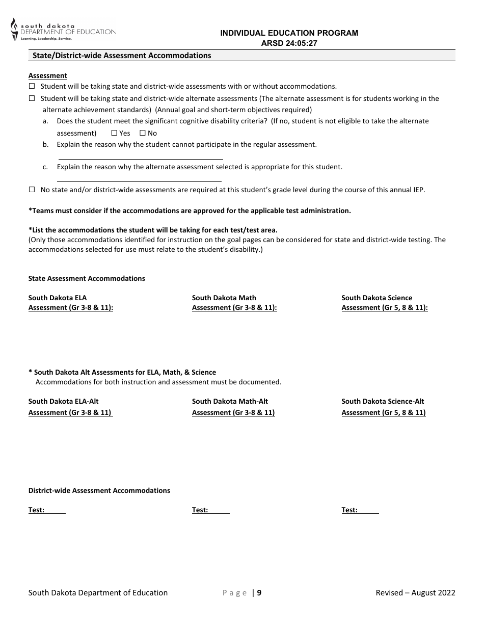 Induvial Education Plan for Transition - South Dakota, Page 9