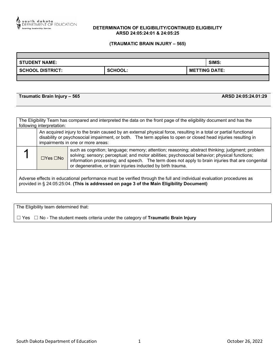 South Dakota Determination of Eligibility/Continued Eligibility