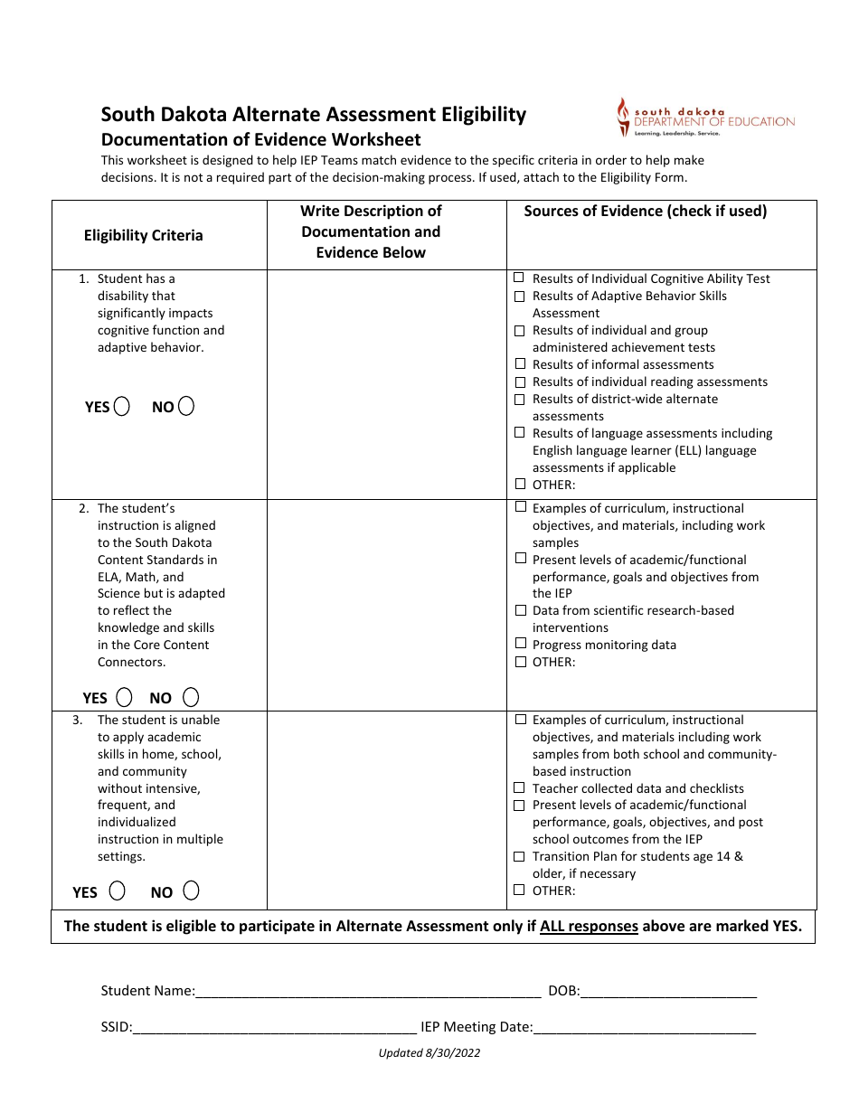South Dakota Alternate Assessment Eligibility Documentation of Evidence Worksheet - South Dakota, Page 1