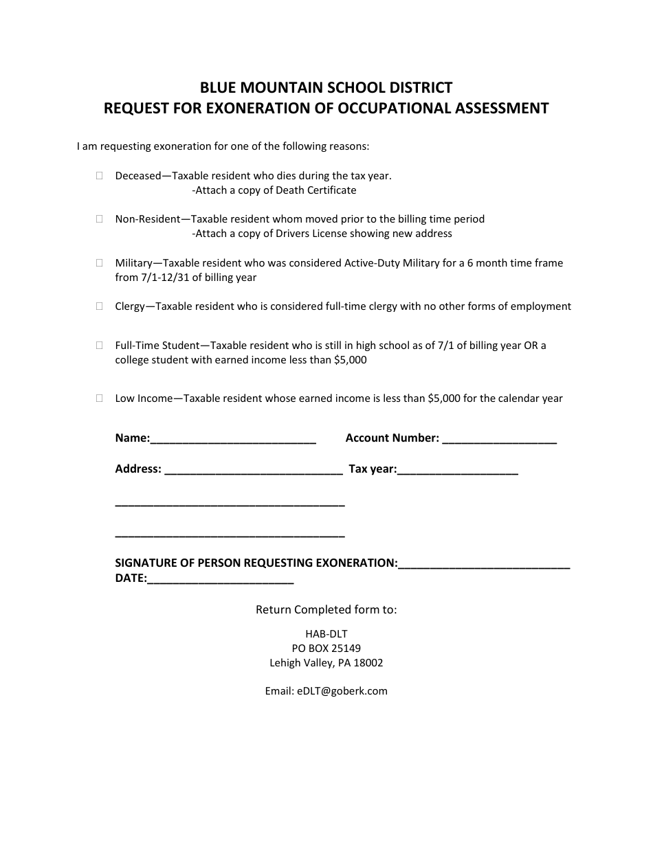 Request for Exoneration of Occupational Assessment - Blue Mountain School District - Pennsylvania, Page 1