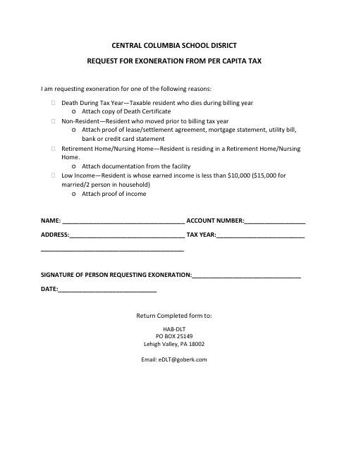 Request for Exoneration From Per Capita Tax - Central Columbia School Disrict - Pennsylvania Download Pdf