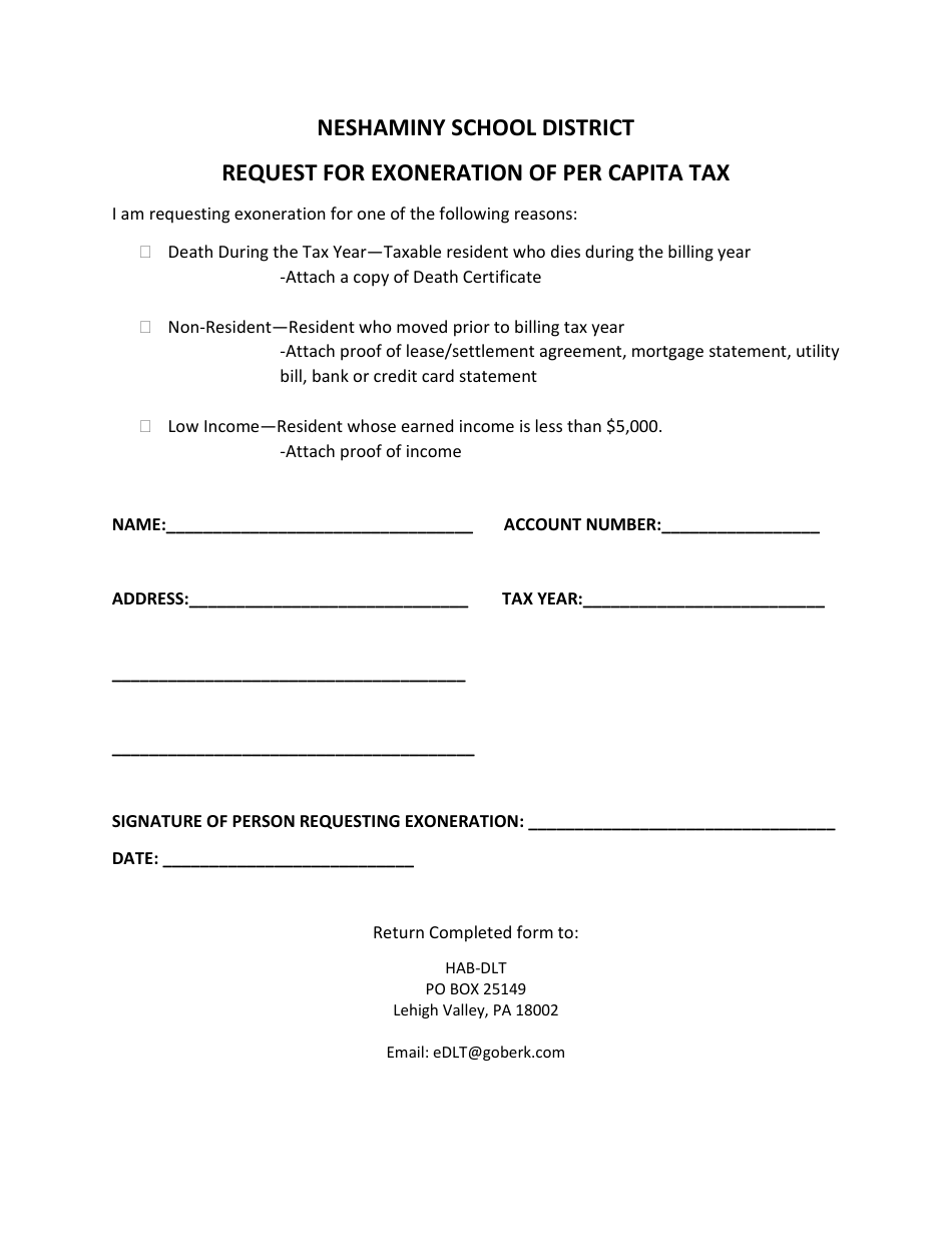 Request for Exoneration of Per Capita Tax - Neshaminy School District - Pennsylvania, Page 1