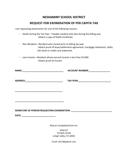 Request for Exoneration of Per Capita Tax - Neshaminy School District - Pennsylvania Download Pdf