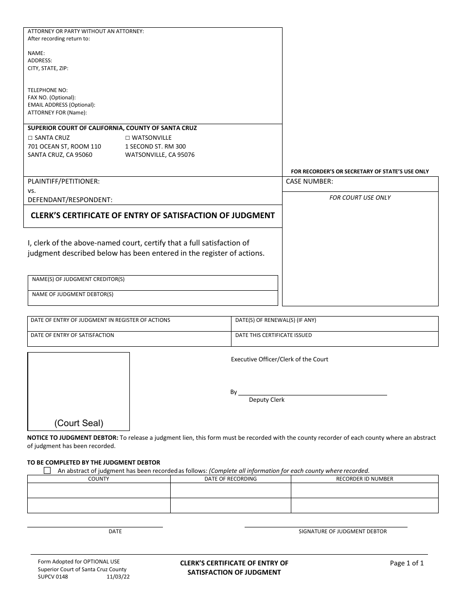 Form SUPCV0148 Clerks Certificate of Entry of Satisfaction of Judgment - County of Santa Cruz, California, Page 1