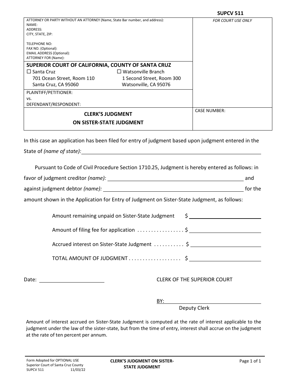 Form SUPCV511 Clerks Judgment on Sister-State Judgment - County of Santa Cruz, California, Page 1