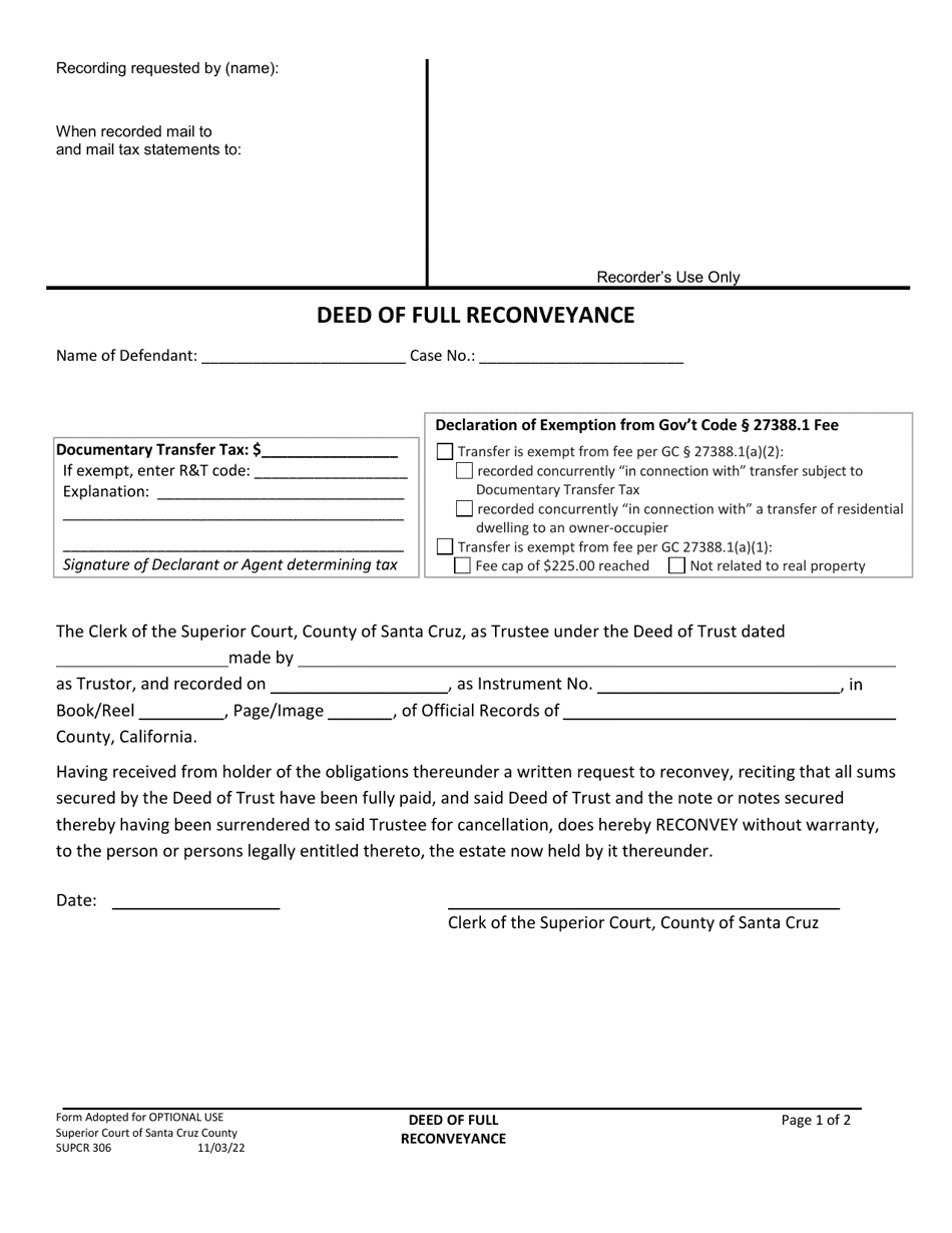 Form SUPCR306 Deed of Full Reconveyance - County of Santa Cruz, California, Page 1