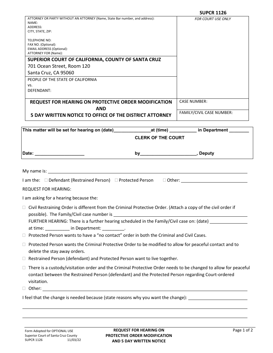 Form SUPCR1126 Request for Hearing on Protective Order Modification and 5 Day Written Notice to Office of the District Attorney - County of Santa Cruz, California, Page 1