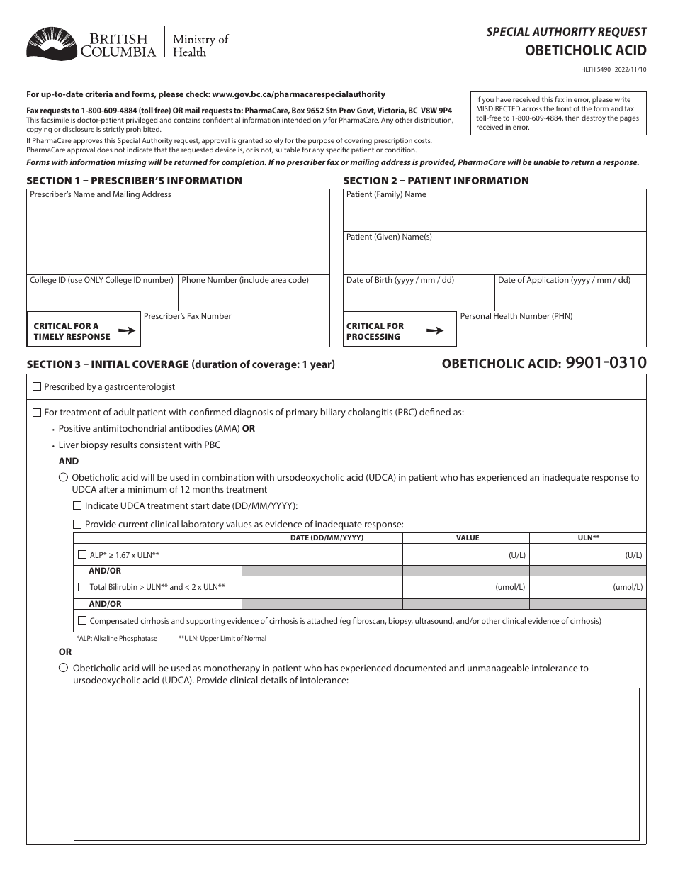 Form HLTH5490 Special Authority Request - Obeticholic Acid - British Columbia, Canada, Page 1