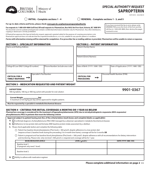 Form HLTH5815 Special Authority Request - Sapropterin - British Columbia, Canada